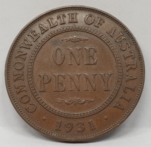 AUSTRALIA 1931 .  ONE 1 PENNY . VARIETY . CURVED BASE LETTERS . INDIAN DIE