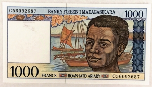 MADAGASCAR 1994 . ONE THOUSAND 1,000 FRANCS BANKNOTE