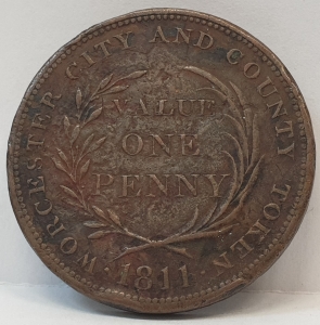 GREAT BRITAIN UK ENGLAND 1811 . ONE 1 PENNY . WORCESTER CITY TOKEN