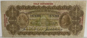AUSTRALIA 1926 . TEN 10 SHILLINGS BANKNOTE . HALF SOVEREIGN