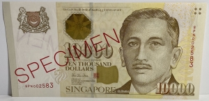 SINGAPORE 1999 . TEN THOUSAND 10,000 DOLLARS BANKNOTE . SPECIMEN