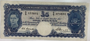 AUSTRALIA 1949 . FIVE 5 POUNDS BANKNOTE . COOMBS/WATT