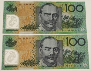 AUSTRALIA 2008 . ONE HUNDRED 100 DOLLARS BANKNOTES . STEVENS/HENRY . FIRST and LAST PREFIX