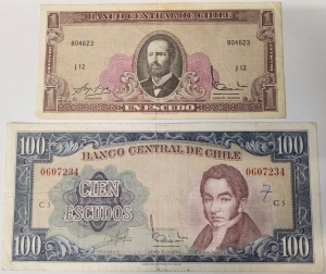CHILE 1960-1966 ONE 1 and ONE HUNDRED 100 ESCUDOS BANKNOTES