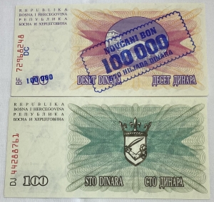BOSNIA-HERZEGOVINA 1992 . TEN 10 DINARA . OVERPRINT and ONE HUNDRED 100 DINARA BANKNOTES