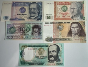 PERU 1976-1987 . TEN 10 - FIVE HUNDRED 500 INTIS and ONE HUNDRED 100 - ONE THOUSAND 1,000 CIEN BANKNOTES . SET OF 5