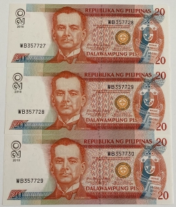 PHILIPPINES 2010 . TWENTY 20 PISO BANKNOTE . ERROR . MIS-MATCH SERIALS . CONSECUTIVE TRIO