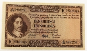 SOUTH AFRICA 1957 . TEN 10 SHILLINGS BANKNOTE . FIRST LINE IN AFRIKAAMS
