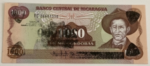 NICARAGUA 1990 . TWO HUNDRED THOUSAND 200,000 on ONE THOUSAND 1,000 CORDABAS BANKNOTE . ERROR . STAMPED BACKWARDS