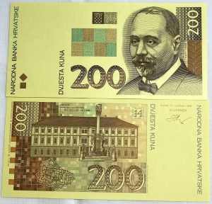 CROATIA 1993 . 2 x TWO HUNDRED 200 KUNA BANKNOTES . SPECIMEN / ERROR