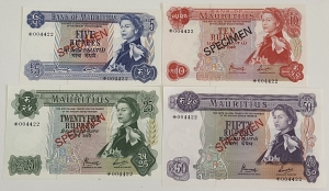 MAURITIUS 1978 . FIVE 5 - FIFTY 50 RUPEES BANKNOTES . SPECIMEN 