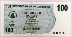 ZIMBABWE 2007 . ONE 1 HUNDRED DOLLARS BANKNOTE