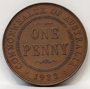 AUSTRALIA 1933/2 . ONE 1 PENNY . VARIETY . OVERDATE