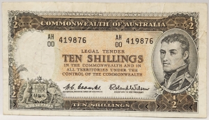 AUSTRALIA 1961 . TEN 10 SHILLINGS BANKNOTE . COOMBS/WILSON . FIRST PREFIX AH00