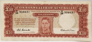 AUSTRALIA 1952 . TEN 10 POUNDS BANKNOTE . COOMBS/WILSON . LAST PREFIX V24