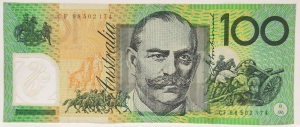 AUSTRALIA 1998 . ONE HUNDRED 100 DOLLARS BANKNOTE . EVANS/MacFARLANE . LAST PREFIX CF