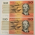 AUSTRALIA 1993 . TWENTY 20 DOLLARS BANKNOTES . FRASER/EVANS . CONSECUTIVE FOUR . LAST PREFIX ADK