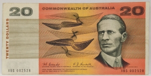 AUSTRALIA 1967 . TWENTY 20 DOLLARS BANKNOTE . COOMBS/RANDALL . LAST PREFIX XBS