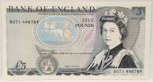 GREAT BRITAIN UK ENGLAND 1960 . FIVE 5 POUNDS BANKNOTE . ERROR . NO SIGNATURE 