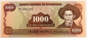 NICARAGUA 1985 . ONE THOUSAND 1,000 CORDOBAS BANKNOTE . ERROR . OVERPRINT IS UPSIDE DOWN