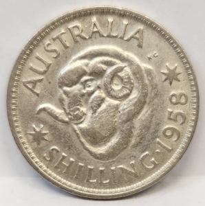 AUSTRALIA 1958 . ONE 1 SHILLING . VARIETY . DOTS IN HORN