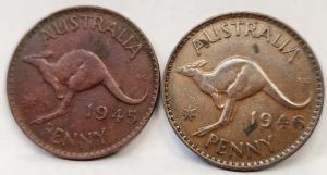 AUSTRALIA 1945 and 1946 . ONE 1 PENNY . COLLECTABLE COINS