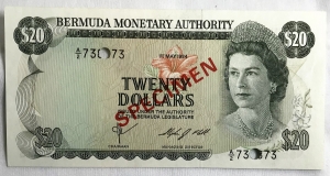 BERMUDA 1984 . TWENTY 20 DOLLARS BANKNOTE . SPECIMEN