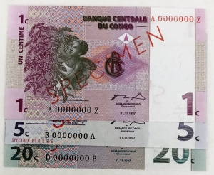 CONGO 1997 . ONE 1, FIVE 5, TWENTY 20 CENTIME BANKNOTES . SPECIMEN SET