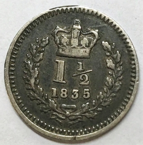 GREAT BRITAIN UK ENGLAND 1835 /4 . ONE 1 AND HALF 1/2  PENCE COIN . OVERDATE