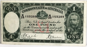 AUSTRALIA 1933 . ONE 1 POUND BANKNOTE . RIDDLE/HEATHERSHAW