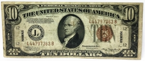 UNITED STATES OF AMERICA 1934 . TEN 10 DOLLARS BANKNOTE . HAWAII