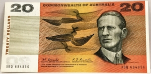 AUSTRALIA 1967 . TWENTY 20 DOLLARS BANKNOTE . COOMBS/RANDALL . FIRST PREFIX XBQ